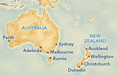 Map showing New Zealand and Australia